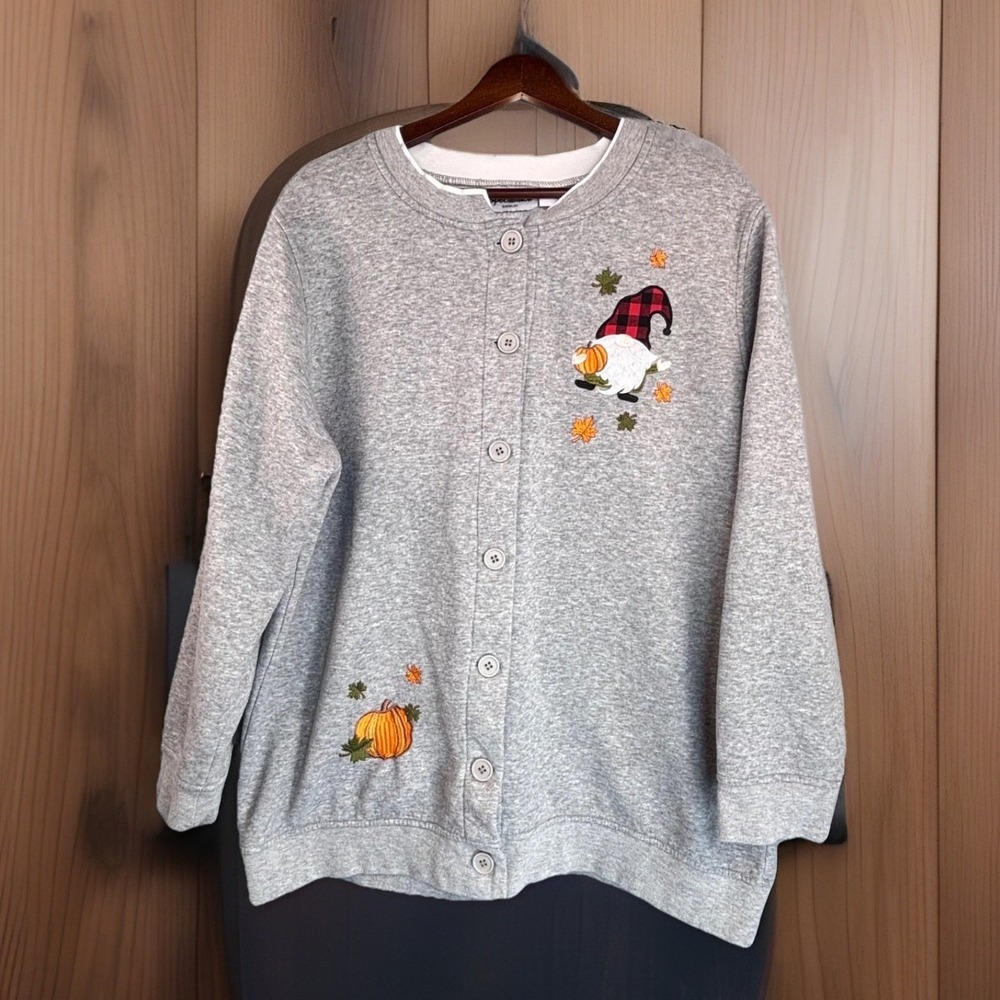 Vintage‎ Sweatshirt Cardigan Autumn Gnome Pumpkin Leaves Whimsical Gray 1X Plus